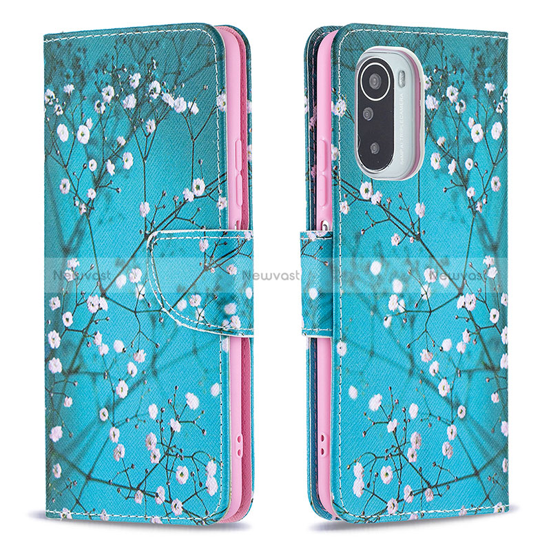 Leather Case Stands Fashionable Pattern Flip Cover Holder B01F for Xiaomi Poco F3 5G Cyan