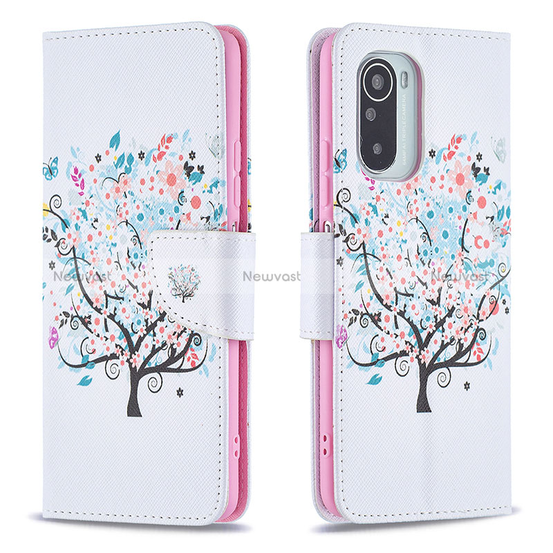 Leather Case Stands Fashionable Pattern Flip Cover Holder B01F for Xiaomi Poco F3 5G White