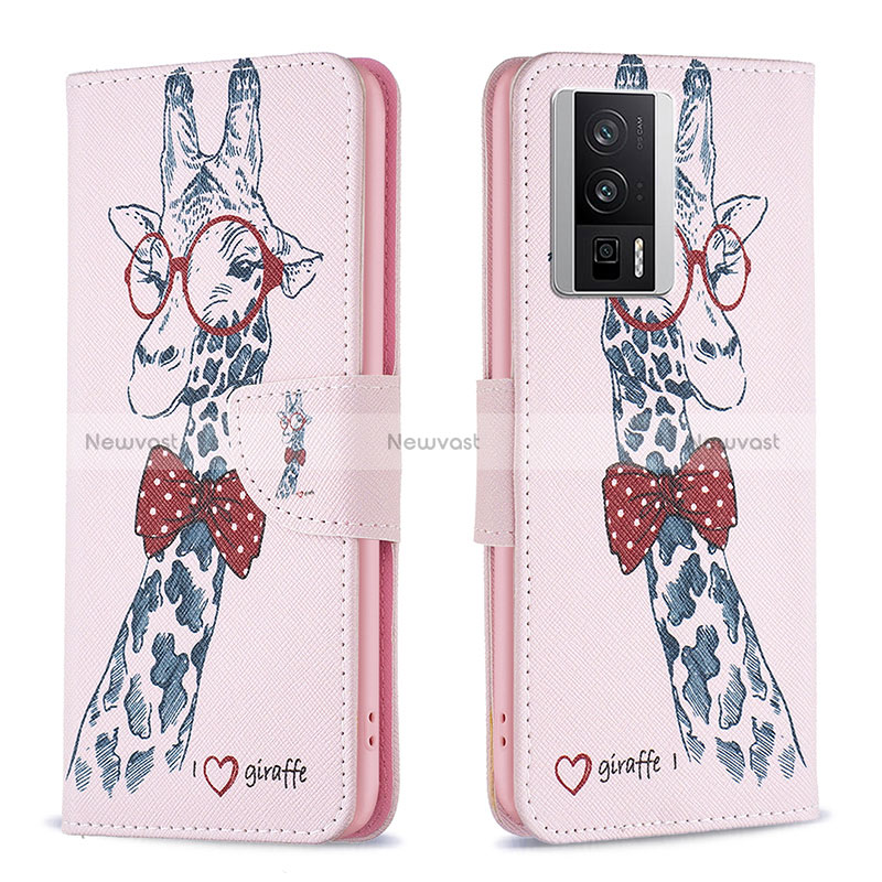 Leather Case Stands Fashionable Pattern Flip Cover Holder B01F for Xiaomi Poco F5 Pro 5G Pink