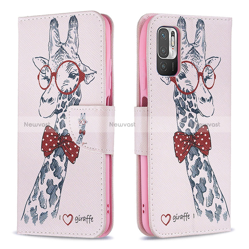 Leather Case Stands Fashionable Pattern Flip Cover Holder B01F for Xiaomi POCO M3 Pro 5G Pink