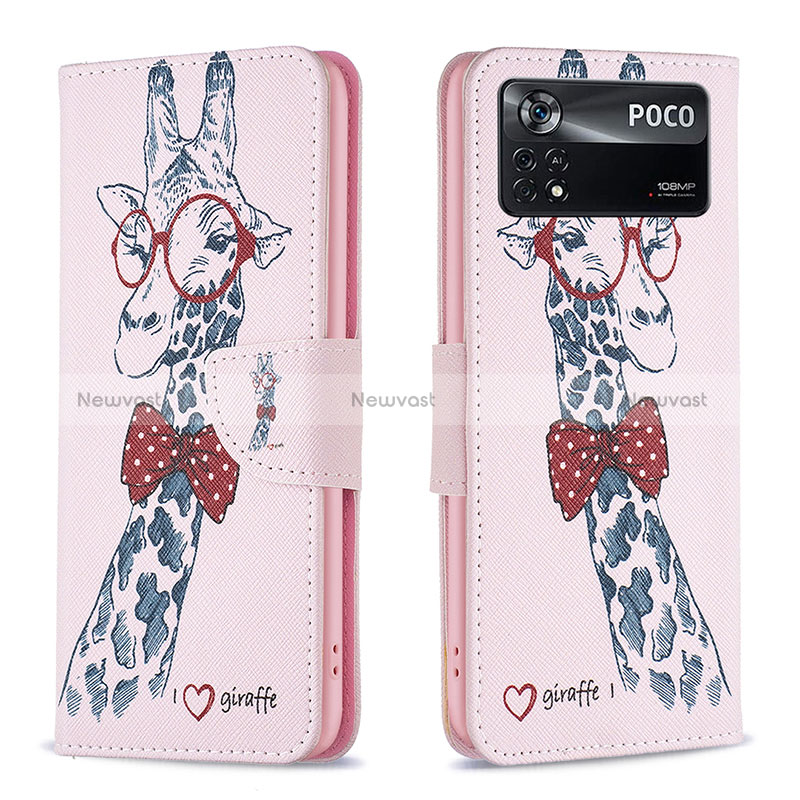 Leather Case Stands Fashionable Pattern Flip Cover Holder B01F for Xiaomi Poco X4 Pro 5G Pink