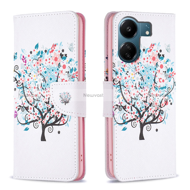 Leather Case Stands Fashionable Pattern Flip Cover Holder B01F for Xiaomi Redmi 13C White