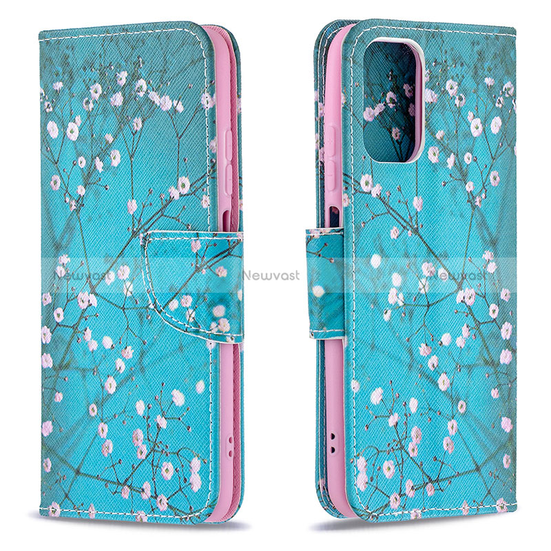 Leather Case Stands Fashionable Pattern Flip Cover Holder B01F for Xiaomi Redmi Note 10 4G Cyan