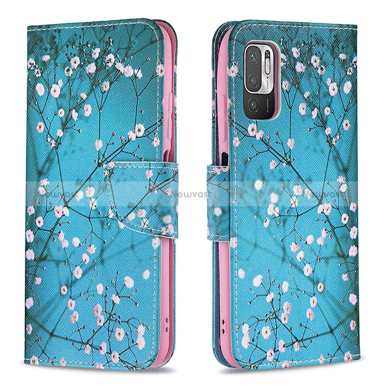 Leather Case Stands Fashionable Pattern Flip Cover Holder B01F for Xiaomi Redmi Note 10 5G Cyan