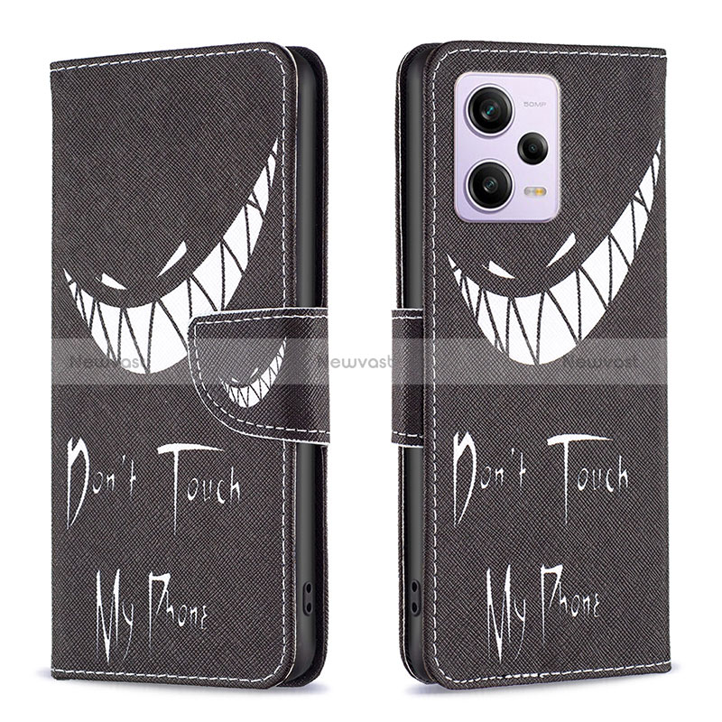 Leather Case Stands Fashionable Pattern Flip Cover Holder B01F for Xiaomi Redmi Note 12 Pro 5G Black