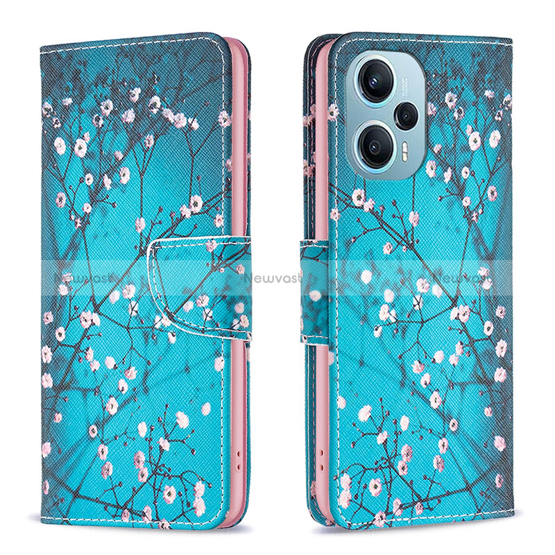 Leather Case Stands Fashionable Pattern Flip Cover Holder B01F for Xiaomi Redmi Note 12 Turbo 5G Cyan