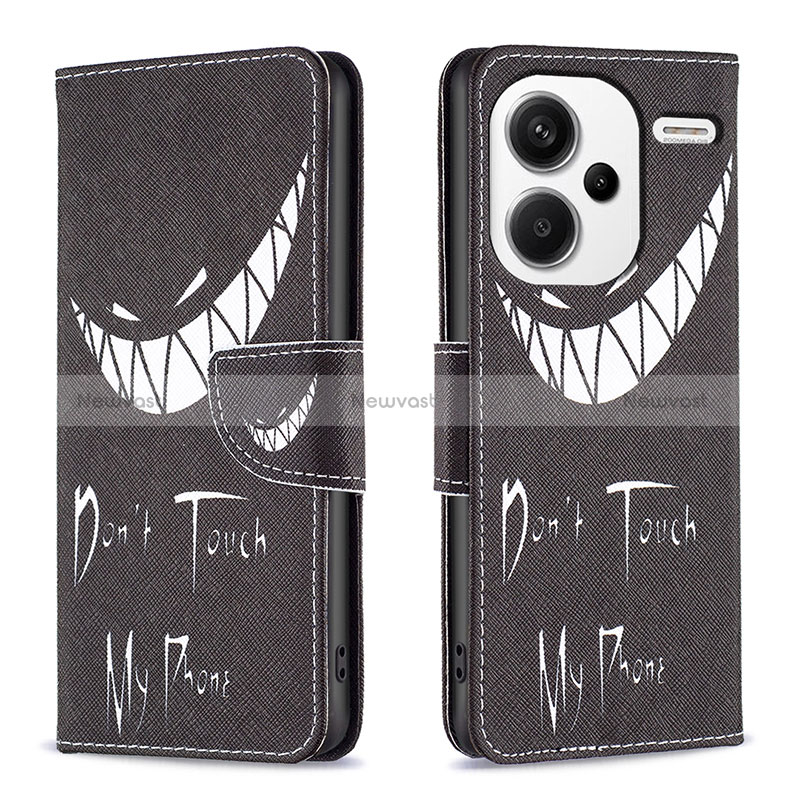 Leather Case Stands Fashionable Pattern Flip Cover Holder B01F for Xiaomi Redmi Note 13 Pro+ Plus 5G Black