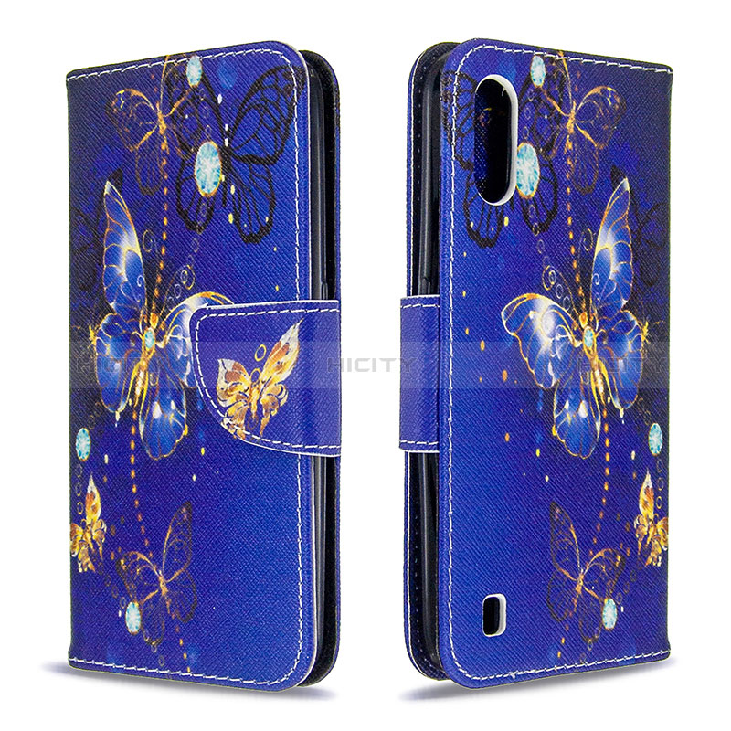 Leather Case Stands Fashionable Pattern Flip Cover Holder B03F for Samsung Galaxy A01 SM-A015 Blue