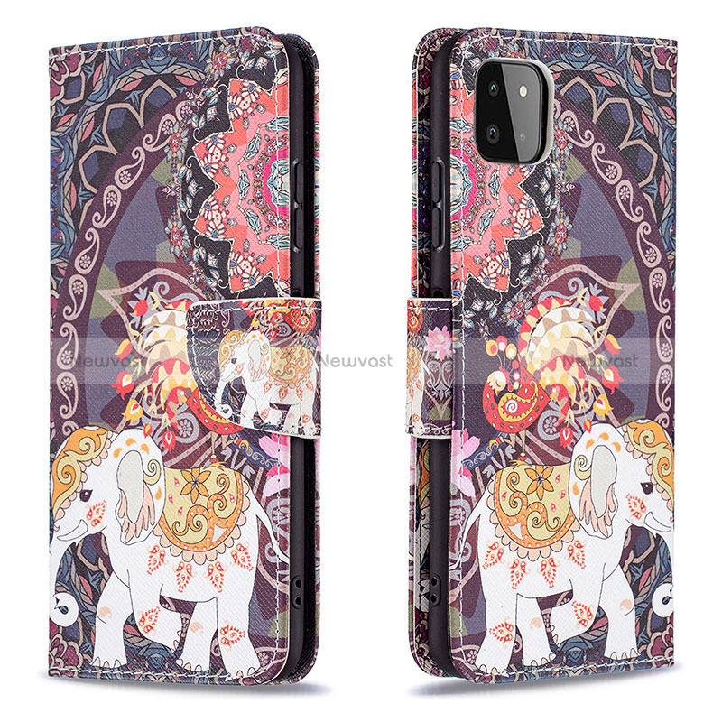 Leather Case Stands Fashionable Pattern Flip Cover Holder B03F for Samsung Galaxy A22 5G Brown