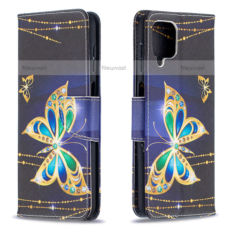 Leather Case Stands Fashionable Pattern Flip Cover Holder B03F for Samsung Galaxy F12 Black