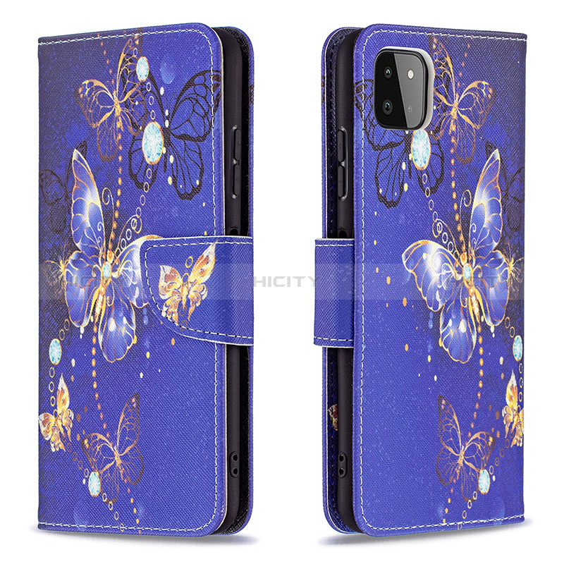 Leather Case Stands Fashionable Pattern Flip Cover Holder B03F for Samsung Galaxy F42 5G Navy Blue