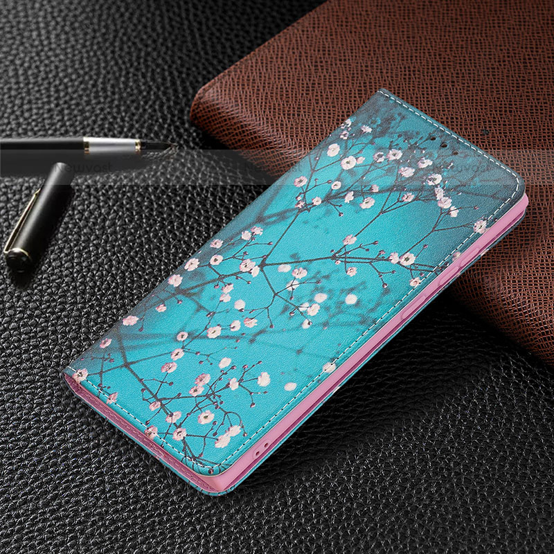 Leather Case Stands Fashionable Pattern Flip Cover Holder B03F for Samsung Galaxy S22 Ultra 5G Cyan