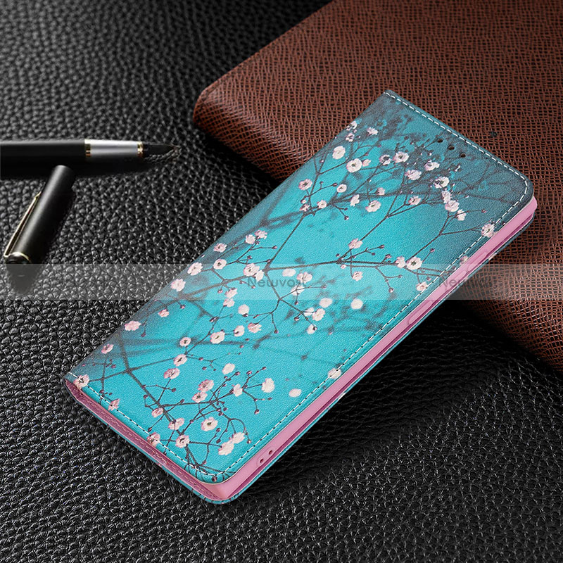 Leather Case Stands Fashionable Pattern Flip Cover Holder B03F for Samsung Galaxy S24 Ultra 5G Cyan