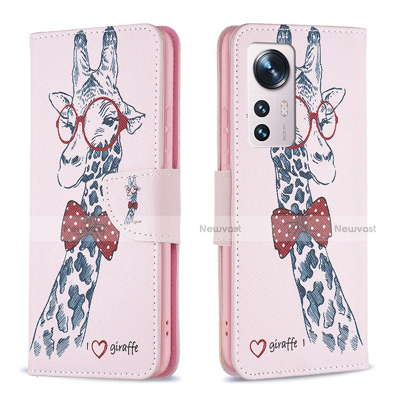 Leather Case Stands Fashionable Pattern Flip Cover Holder B03F for Xiaomi Mi 12 5G Pink