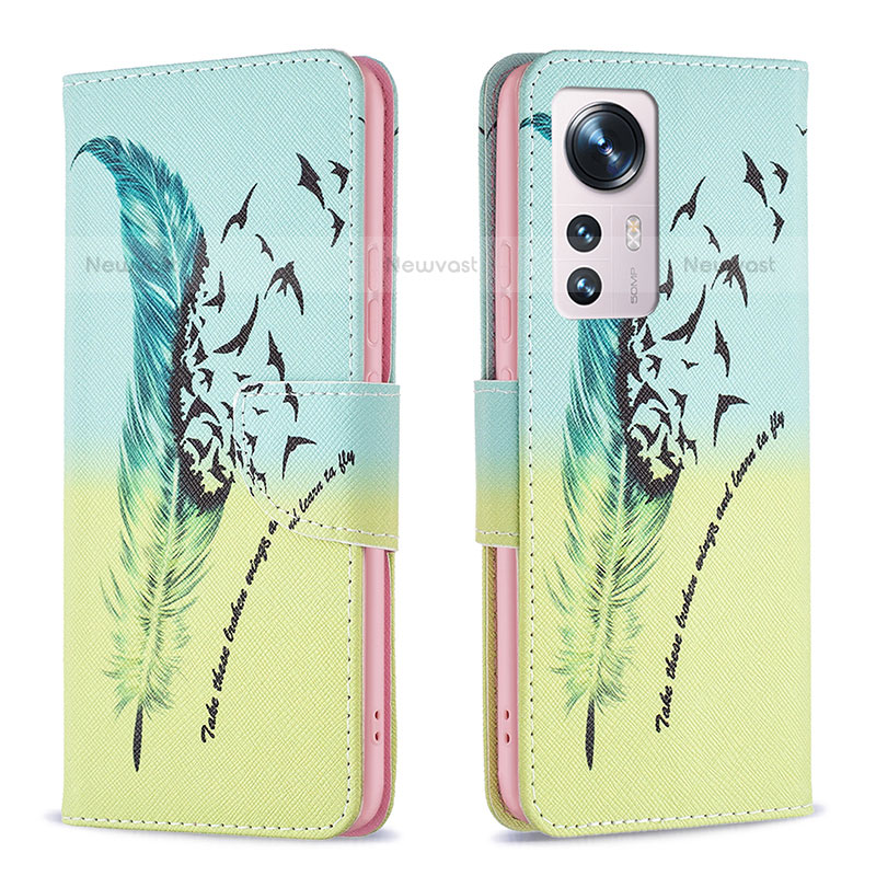 Leather Case Stands Fashionable Pattern Flip Cover Holder B03F for Xiaomi Mi 12 Pro 5G Matcha Green