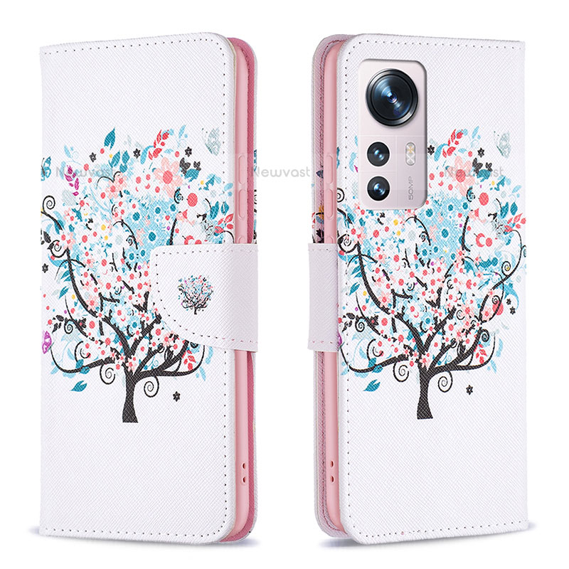 Leather Case Stands Fashionable Pattern Flip Cover Holder B03F for Xiaomi Mi 12 Pro 5G White