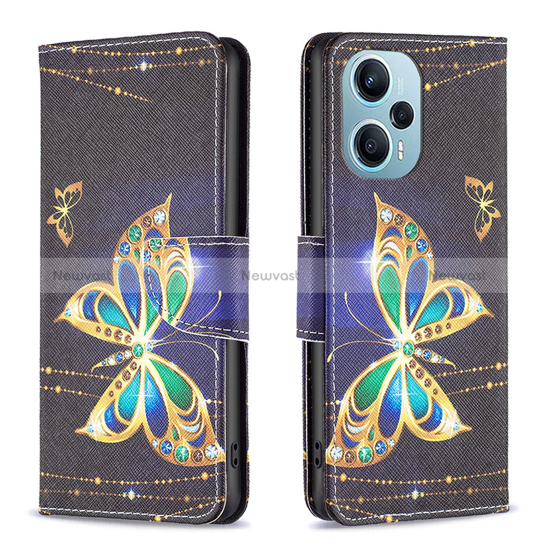 Leather Case Stands Fashionable Pattern Flip Cover Holder B03F for Xiaomi Poco F5 5G Black