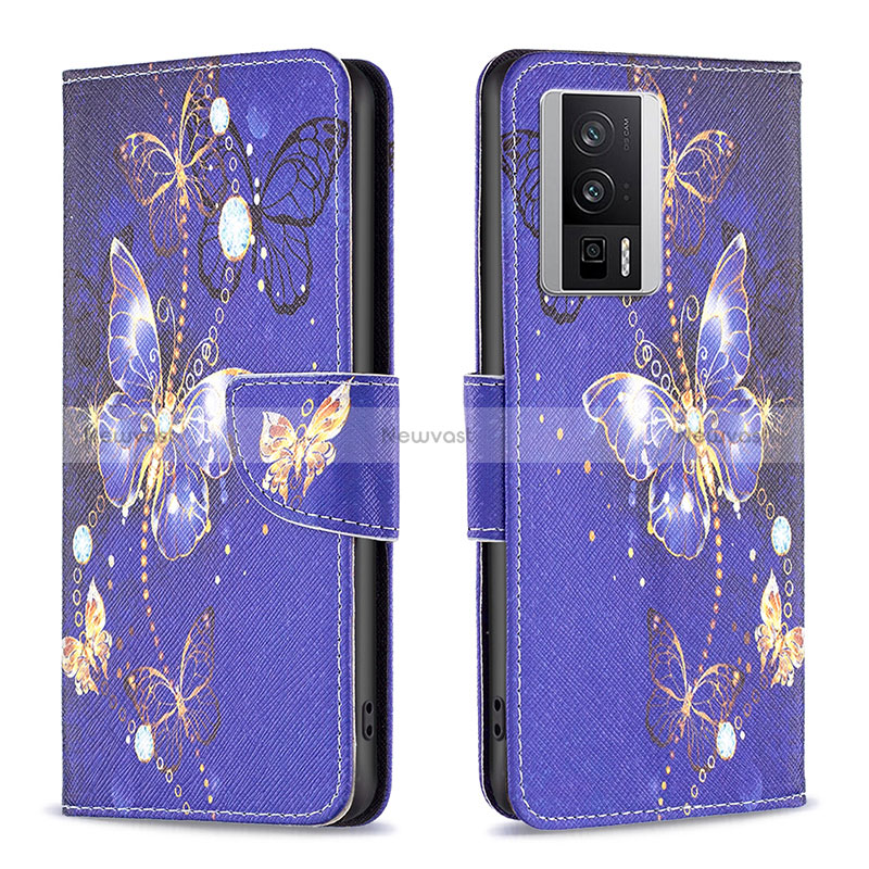 Leather Case Stands Fashionable Pattern Flip Cover Holder B03F for Xiaomi Poco F5 Pro 5G Navy Blue