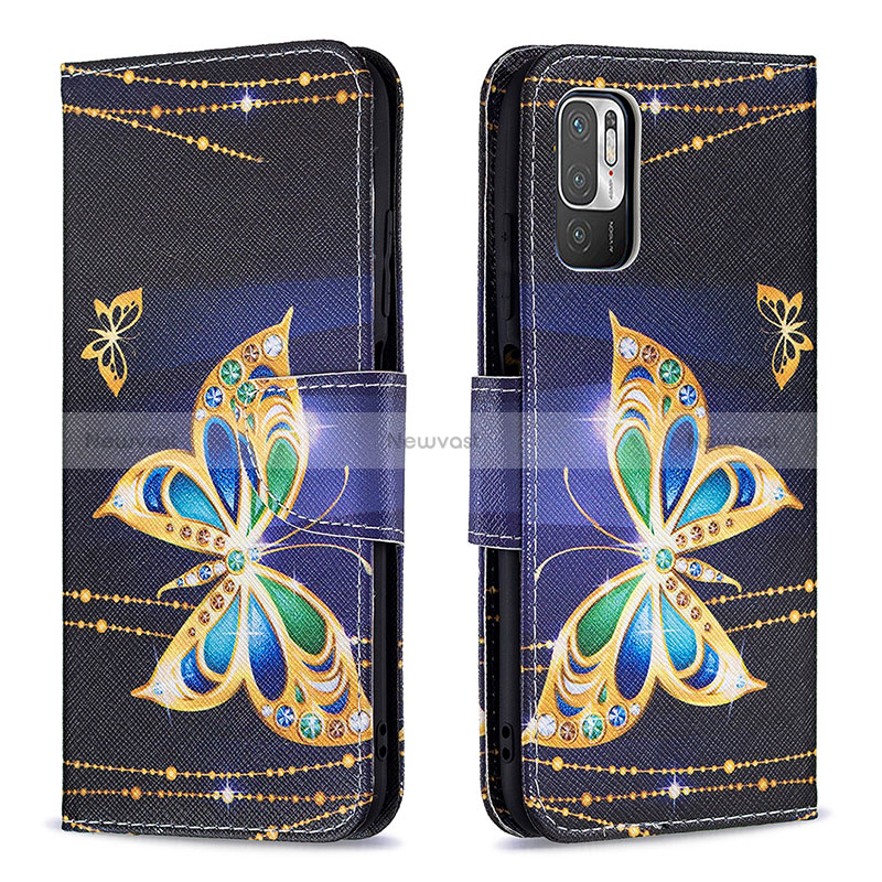 Leather Case Stands Fashionable Pattern Flip Cover Holder B03F for Xiaomi POCO M3 Pro 5G Black