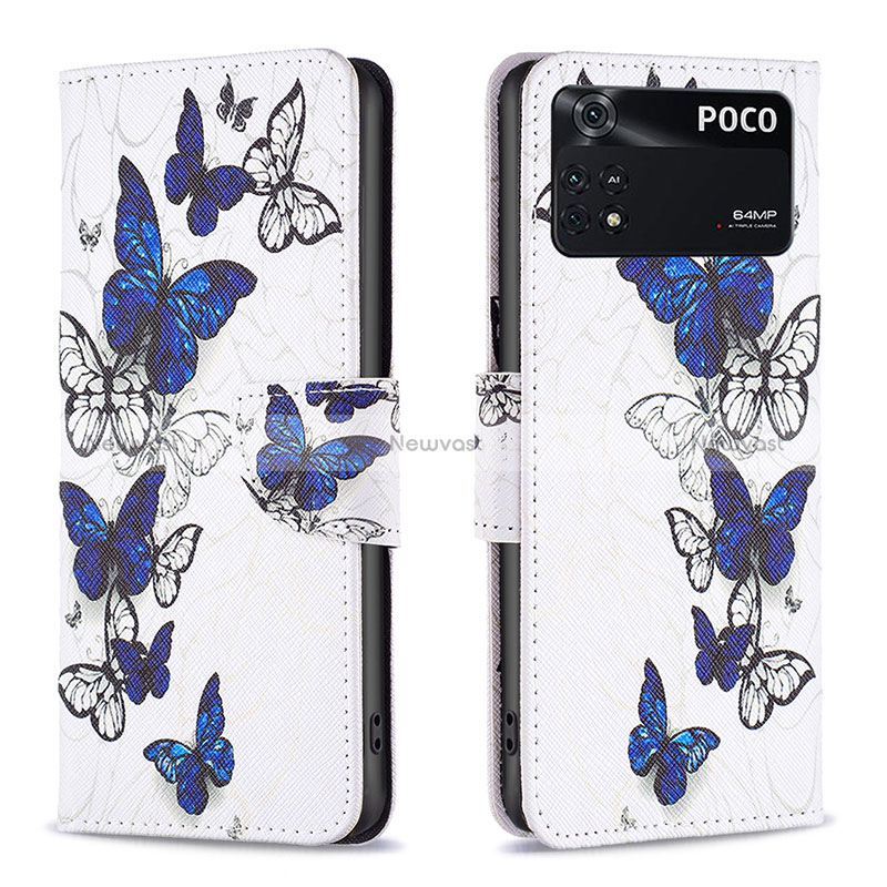 Leather Case Stands Fashionable Pattern Flip Cover Holder B03F for Xiaomi Poco M4 Pro 4G Blue