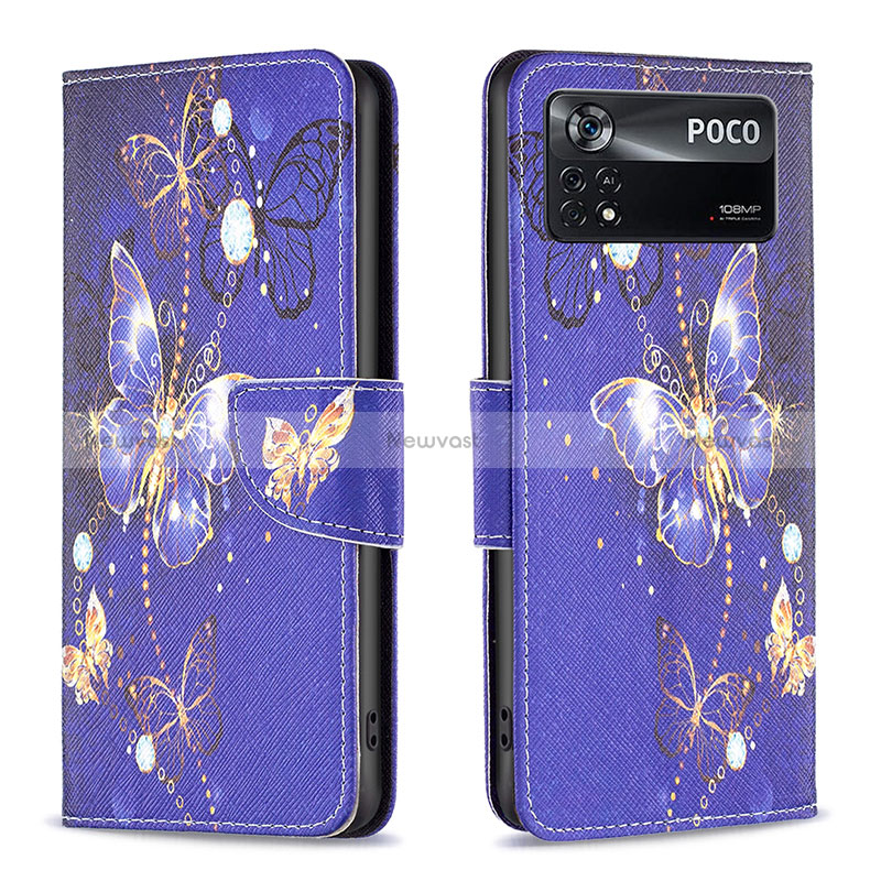 Leather Case Stands Fashionable Pattern Flip Cover Holder B03F for Xiaomi Poco X4 Pro 5G Navy Blue