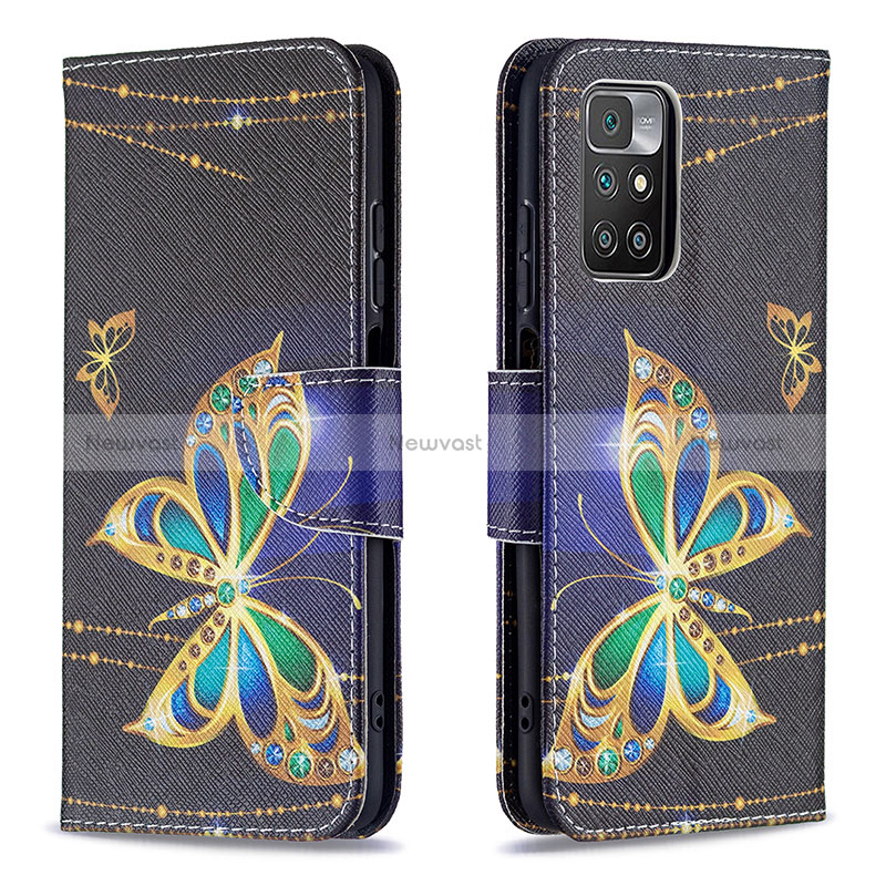 Leather Case Stands Fashionable Pattern Flip Cover Holder B03F for Xiaomi Redmi 10 (2022) Black