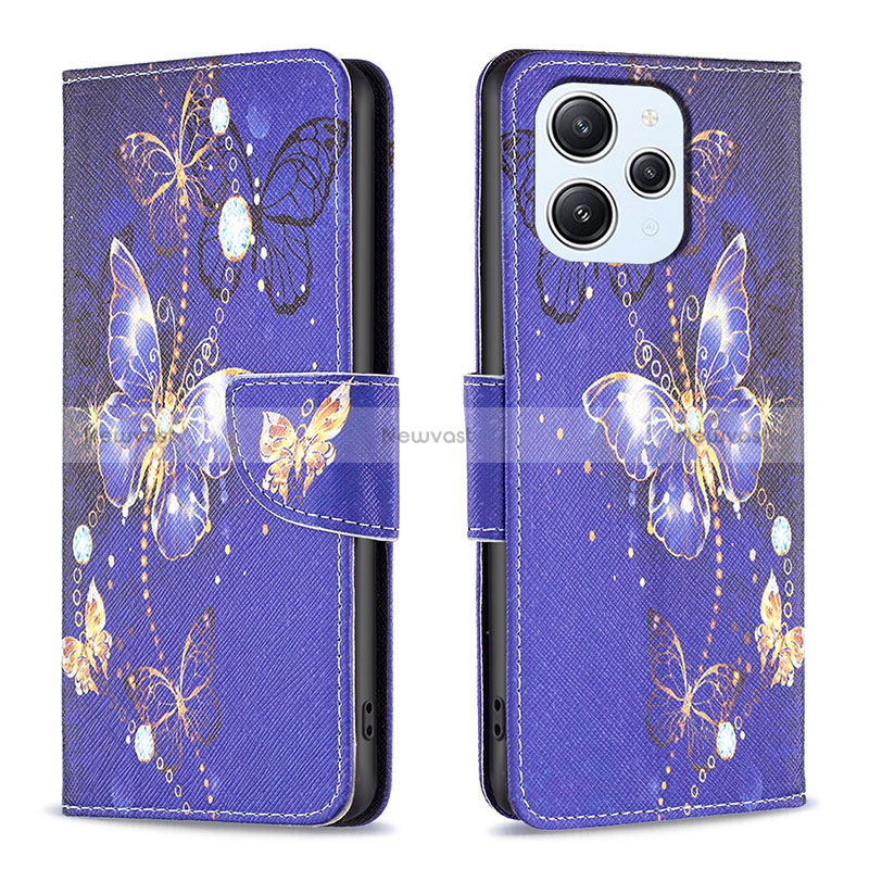 Leather Case Stands Fashionable Pattern Flip Cover Holder B03F for Xiaomi Redmi 12 4G Navy Blue