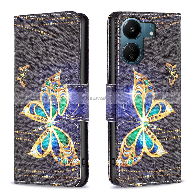 Leather Case Stands Fashionable Pattern Flip Cover Holder B03F for Xiaomi Redmi 13C Black