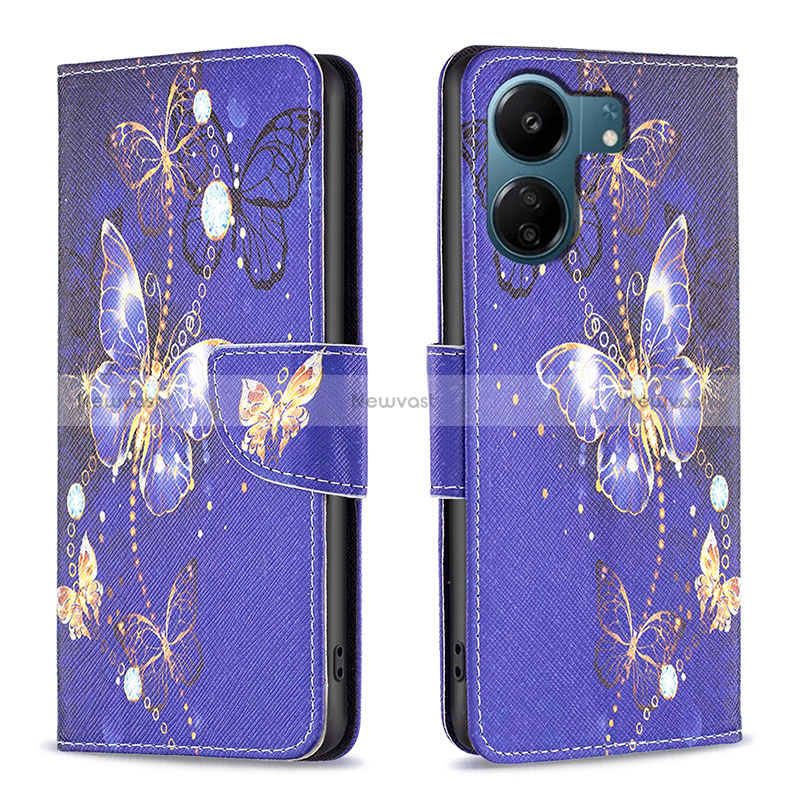 Leather Case Stands Fashionable Pattern Flip Cover Holder B03F for Xiaomi Redmi 13C Navy Blue