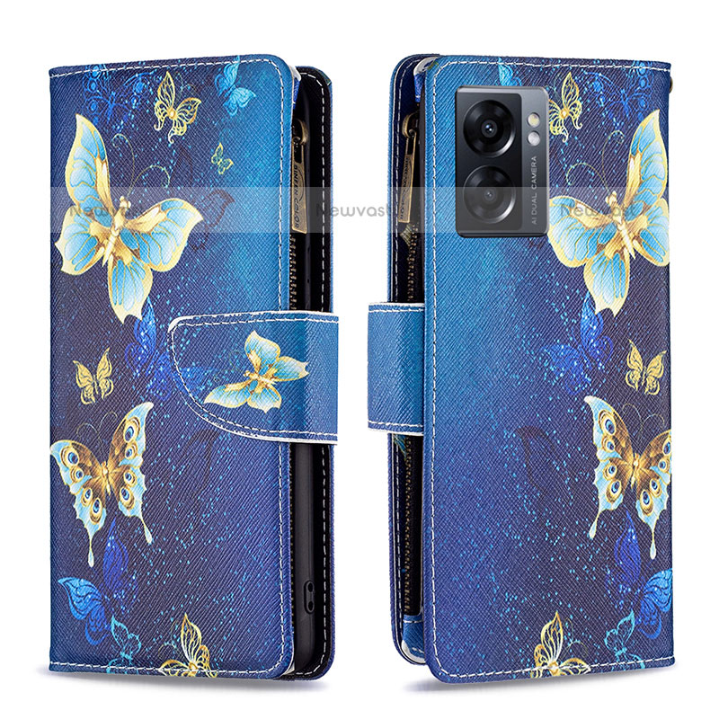 Leather Case Stands Fashionable Pattern Flip Cover Holder B04F for OnePlus Nord N300 5G Blue