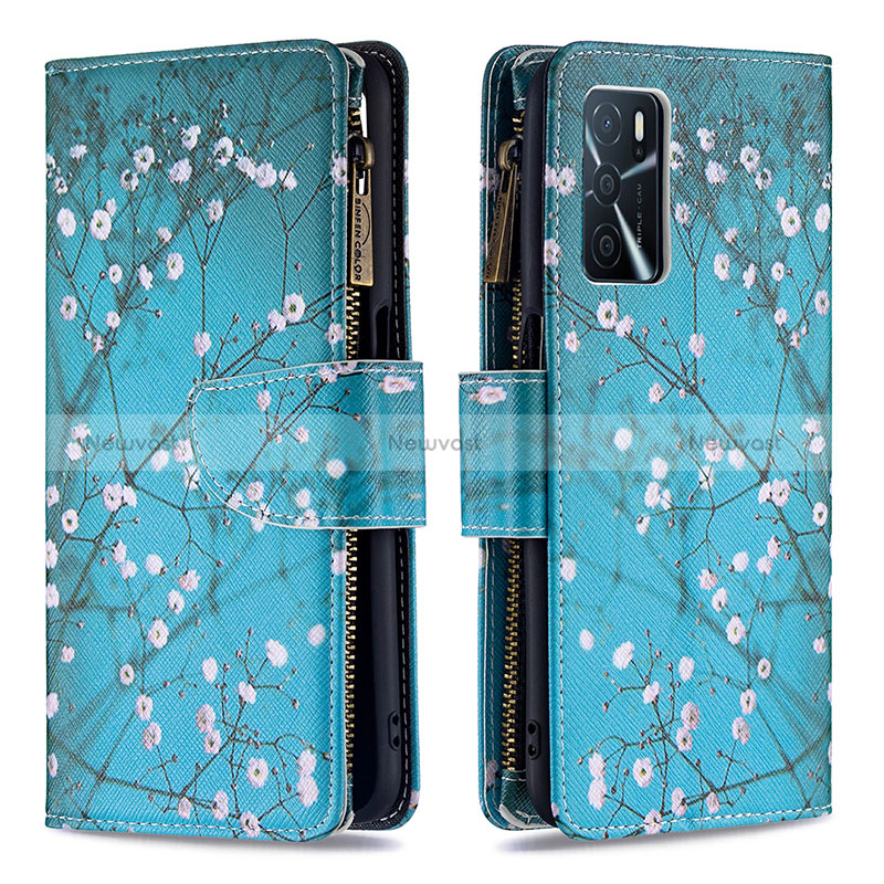 Leather Case Stands Fashionable Pattern Flip Cover Holder B04F for Oppo A16 Cyan