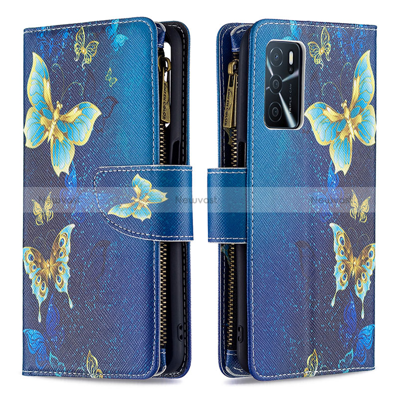 Leather Case Stands Fashionable Pattern Flip Cover Holder B04F for Oppo A16s Blue