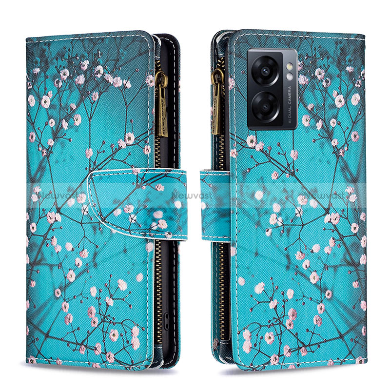 Leather Case Stands Fashionable Pattern Flip Cover Holder B04F for Oppo A56S 5G Cyan