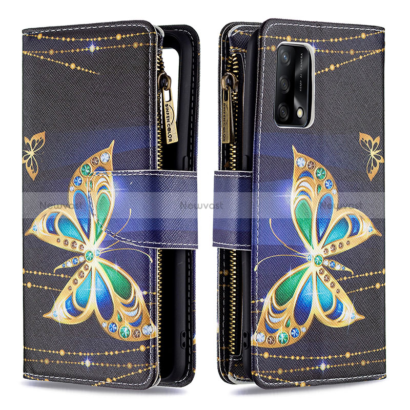 Leather Case Stands Fashionable Pattern Flip Cover Holder B04F for Oppo A95 4G Black