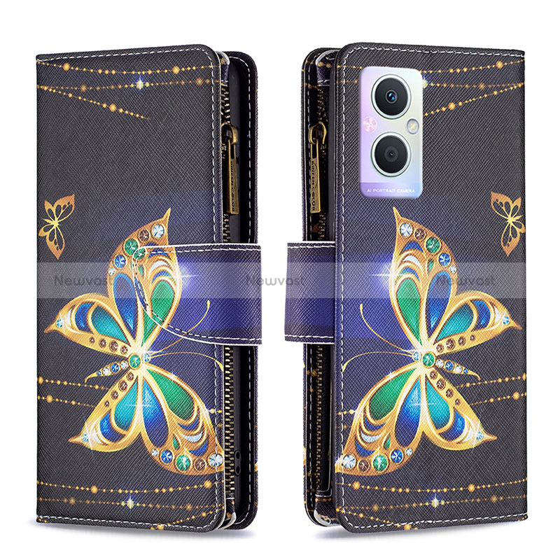 Leather Case Stands Fashionable Pattern Flip Cover Holder B04F for Oppo A96 5G Black