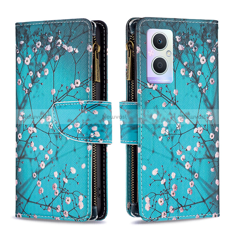 Leather Case Stands Fashionable Pattern Flip Cover Holder B04F for Oppo A96 5G Cyan