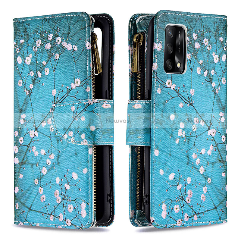 Leather Case Stands Fashionable Pattern Flip Cover Holder B04F for Oppo F19 Cyan