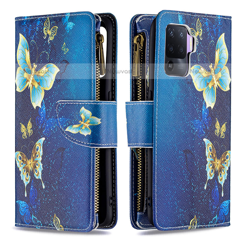 Leather Case Stands Fashionable Pattern Flip Cover Holder B04F for Oppo F19 Pro Blue