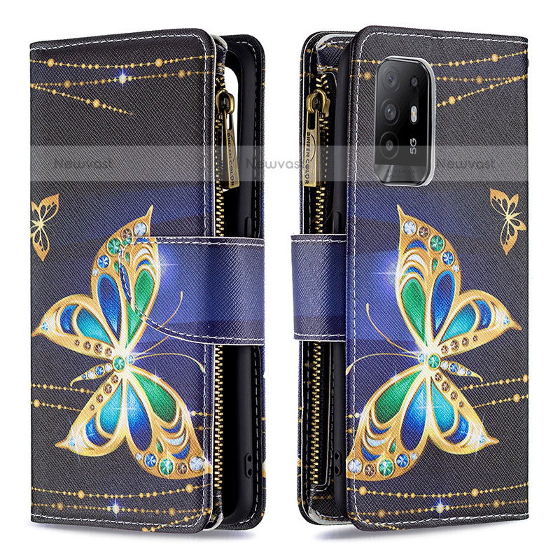 Leather Case Stands Fashionable Pattern Flip Cover Holder B04F for Oppo F19 Pro+ Plus 5G Black