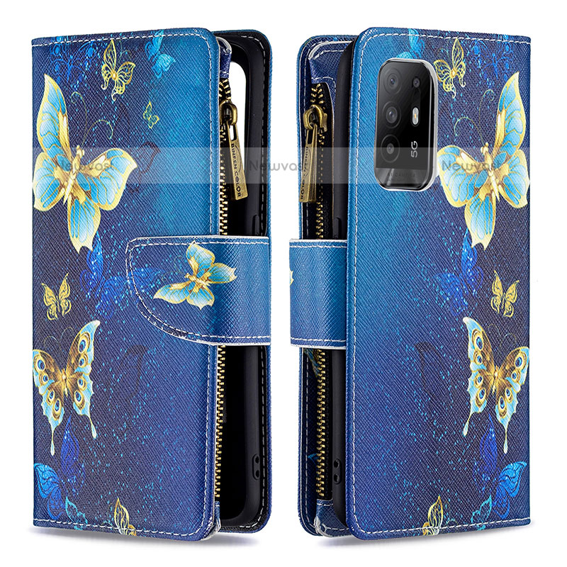 Leather Case Stands Fashionable Pattern Flip Cover Holder B04F for Oppo F19 Pro+ Plus 5G Blue