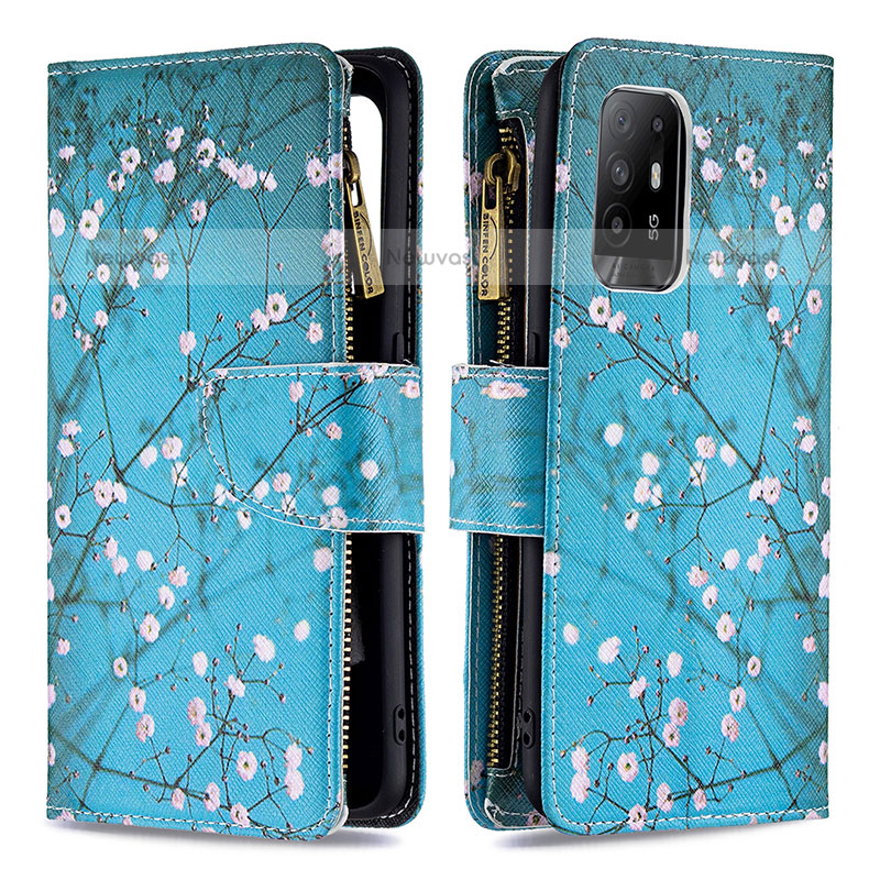 Leather Case Stands Fashionable Pattern Flip Cover Holder B04F for Oppo F19 Pro+ Plus 5G Cyan