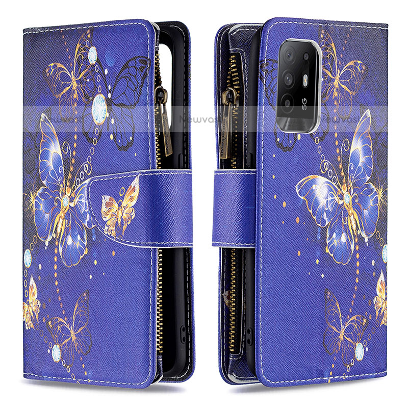 Leather Case Stands Fashionable Pattern Flip Cover Holder B04F for Oppo F19 Pro+ Plus 5G Navy Blue