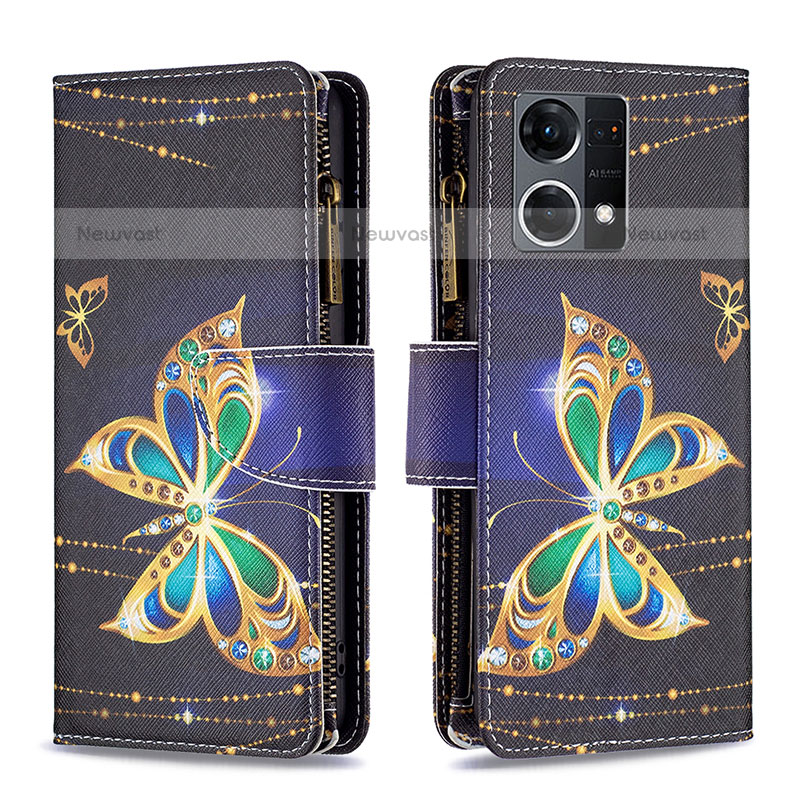 Leather Case Stands Fashionable Pattern Flip Cover Holder B04F for Oppo F21 Pro 4G Black