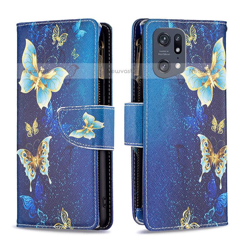 Leather Case Stands Fashionable Pattern Flip Cover Holder B04F for Oppo Find X5 Pro 5G Blue