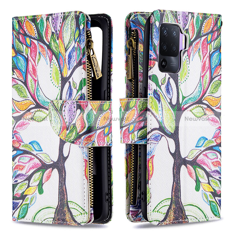 Leather Case Stands Fashionable Pattern Flip Cover Holder B04F for Oppo Reno5 Lite Green