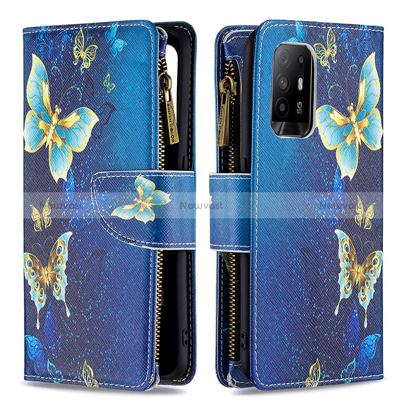 Leather Case Stands Fashionable Pattern Flip Cover Holder B04F for Oppo Reno5 Z 5G Blue