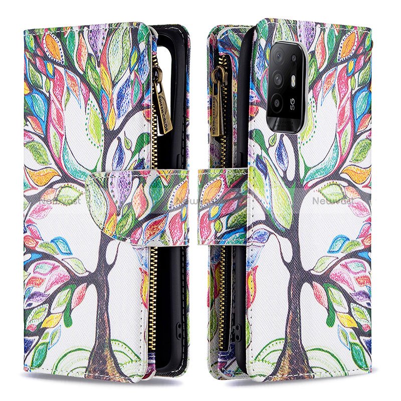 Leather Case Stands Fashionable Pattern Flip Cover Holder B04F for Oppo Reno5 Z 5G Green