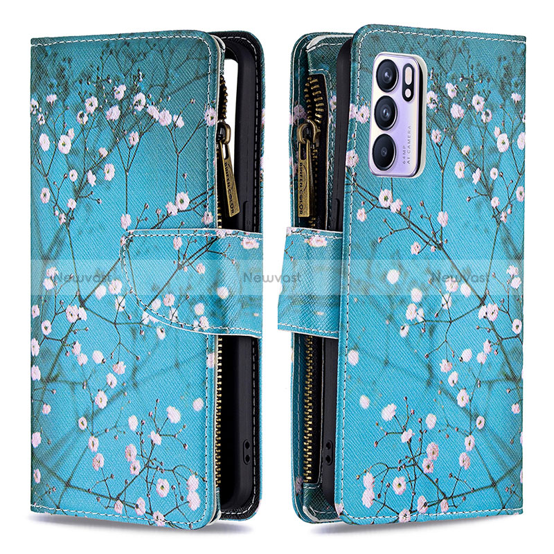 Leather Case Stands Fashionable Pattern Flip Cover Holder B04F for Oppo Reno6 5G Cyan