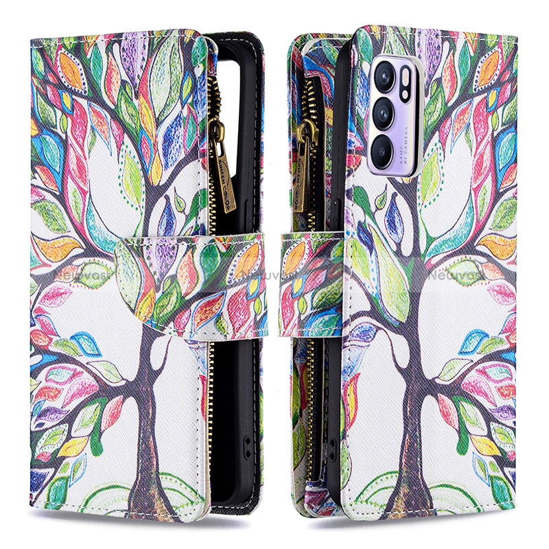 Leather Case Stands Fashionable Pattern Flip Cover Holder B04F for Oppo Reno6 5G Green