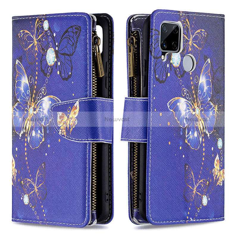 Leather Case Stands Fashionable Pattern Flip Cover Holder B04F for Realme 7i RMX2193 Navy Blue